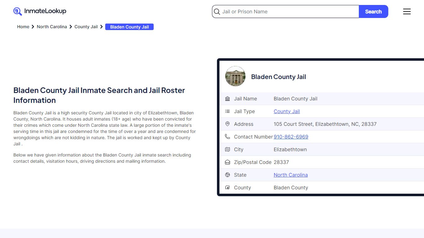 Bladen County Jail Inmate Search and Jail Roster Information